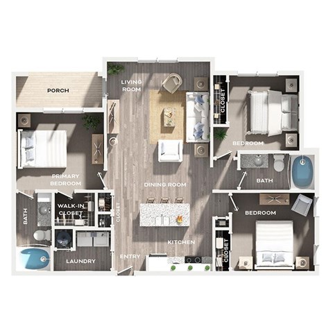 Floor plan for 3 beds, 2 baths, 1449 sqft